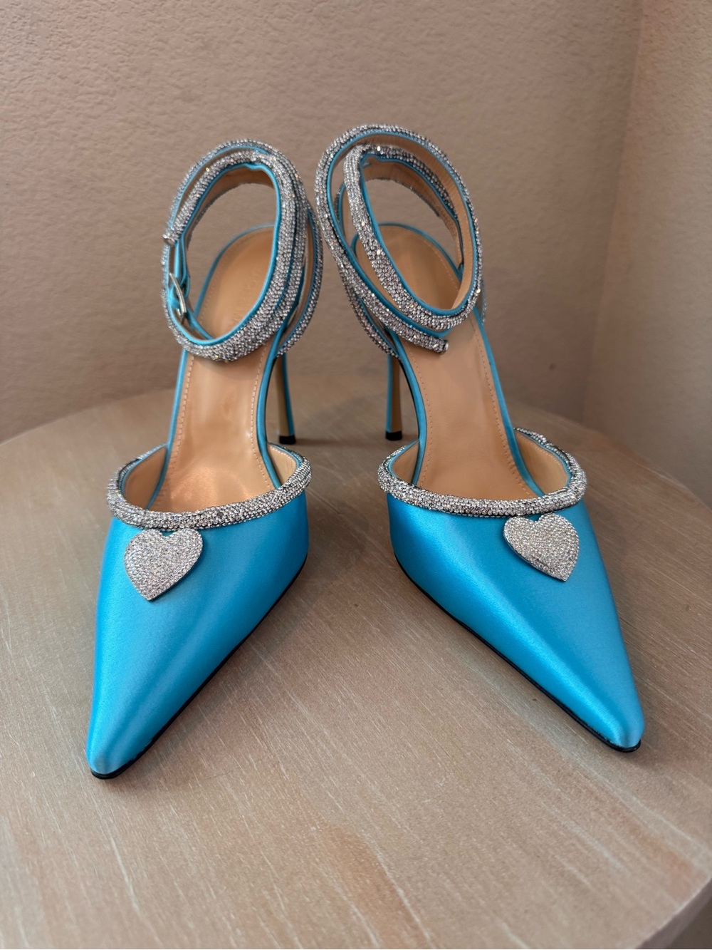 MACH & MACH Ocean Blue Satin Crystal Heart 110 Stiletto - EU 41 - NIB - $1,265